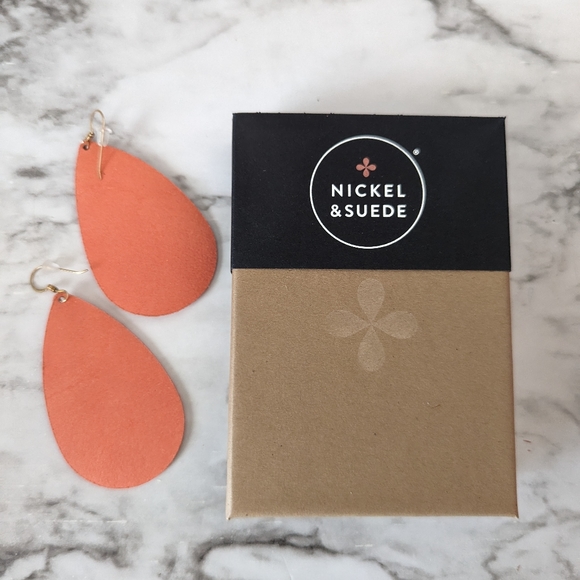 EUC Nickel and Suede Apricot Suede Teardrop Earrings - Picture 2 of 2